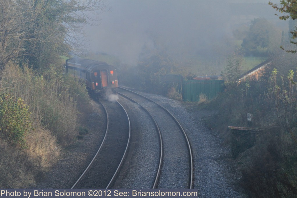 Steam and smoke at milepost 40; RPSI 461 works toward Dublin on 6 November 2012. Exposed with a Canon 7D and 200 mm lens.